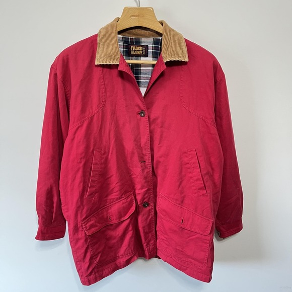 Faded Glory Other - LL Bean Style Chore Jacket Mens XL Red Canvas Corduroy Collar Plaid Lined Faded